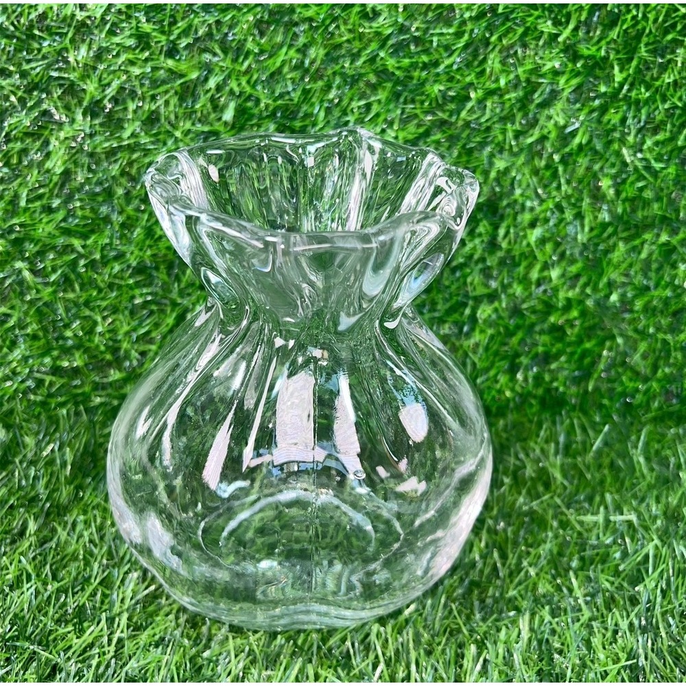 Clear Glass Drawstring Bag Pouch Vase Ruffled Rim Ribbed Texture 7in - Picture 10 of 14